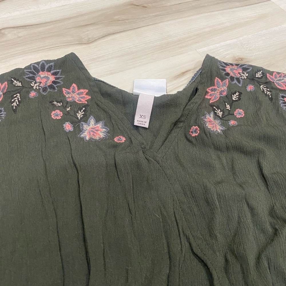 Knox Rose Olive Green Floral Embroidered Boho Dress XS Waist Tie 0189 - Picture 3 of 7